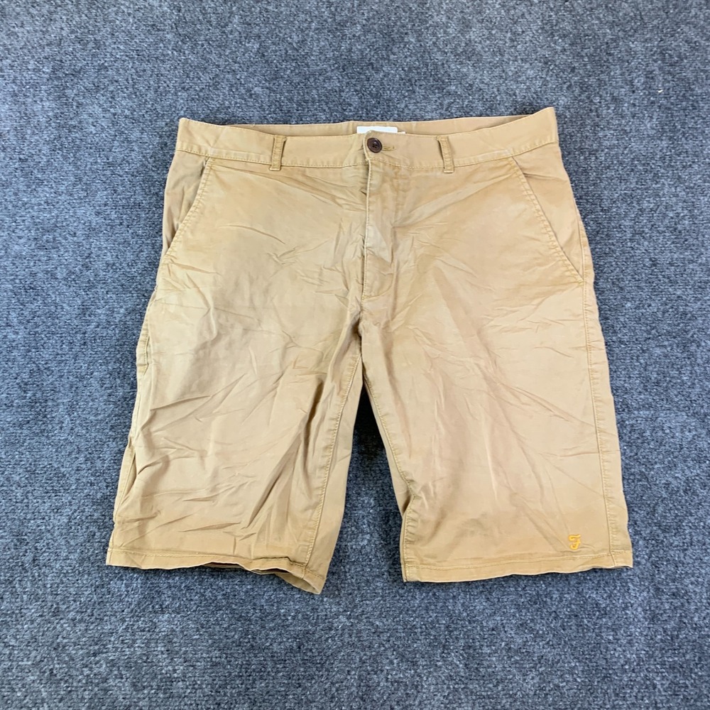Farah Chino Shorts Mens 34 Tan Good Flat Front Cotton Logo Performance 10.5in